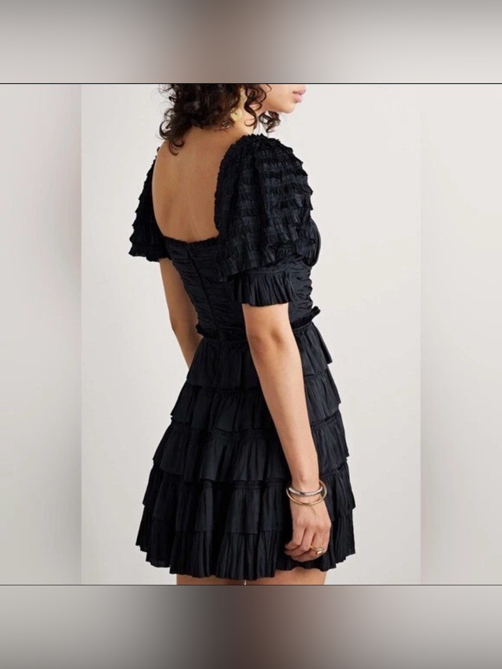 Ulla Johnson Black Ruffle Mini Dress Size 12 NWOT Square Neck Puff Sleeve - Picture 2 of 5